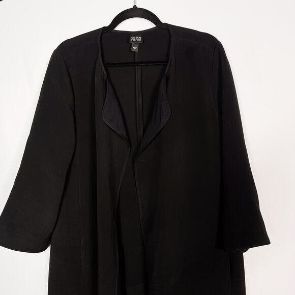 Eileen Fisher L Black Long Open Front Textured Blazer Jacket Silk Blend Magnetic - Picture 3 of 9